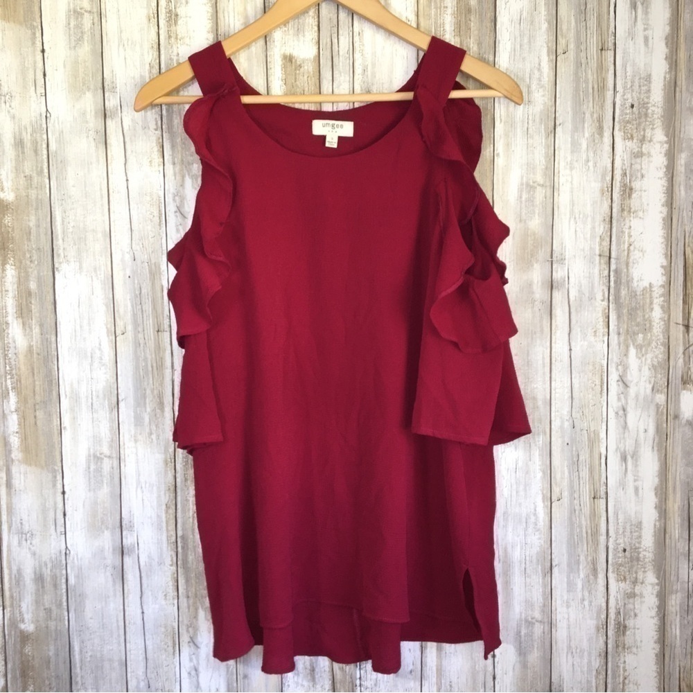 Umgee Red Ruffle Sleeve Open Shoulder Blouse